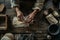 Hands of a man cooking bread on a rustic wooden table