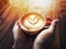 Hands man holding love heart Latte art in red cup