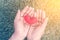 Hands of a man holding a red hart as symbol of love. valentine d