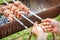 Hands of man prepares barbecue meat