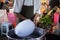 Hands of man spinning white cotton candy