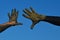 Hands of man and woman raised against blue clear summer skies, covered with black healing mud and hand backs