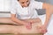 hands massaging human calf muscle.Therapist applying pressure on female leg thigh