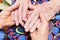 Hands of a mature wife or guardian holding the hands of her elderly woman or patient, as an expression of care and support.Close u