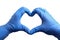Hands in medical gloves depict a heart on a white background, isolated. Recovery