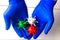 Hands in medical gloves holds virus models in white, red and green colors.