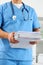 Hands of medicine therapeutist doctor wearing blue uniform