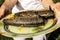 The hands of a middle-aged woman hold a dish with hot-smoked mackerel fish. The fish is ready. The process of cooking hot smoked