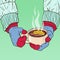 Hands in Mittens Holding Mug with Hot Tea. Winter Season. Pop Art retro illustration