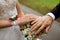 Hands of the newlyweds with rings on their fingers, near a bouquet of roses, the bride and groom hold hands