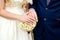 The hands of the newlyweds wearing their wedding rings. Bride and groom and gold rings