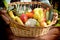 In hands of an old woman, basket is full of healthy food