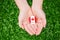 hands palms holding round badge with red white canadian flag maple leaf on green grass
