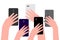 Hands of people with cell phones. Group of people men and women take photos, videos on smartphone. Record of an