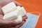 Hands with pile soap panic purchase - protection quarantine, coronavirus, covid19