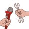 Hands with plumber key and wrench icons