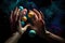 Hands poised to catch notes of soundless music that fill the space between spaces. The harmonies of the spheres manifest as light-