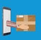 Hands with postal cardboard box and smartphone.