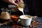 hands pouring milk into a pot of spiced chai