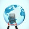 Hands pushing shopping cart on 3D globe with world map
