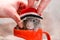 Hands put red Christmas hat on cute funny gray rat, it sits in red cup on soft light fabric, symbol of the new year 2020