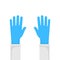 Hands putting on protective blue gloves. Vector illustration