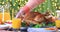 Hands putting roasted turkey on festive table closeup