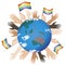 Hands with rainbow flags and planet earth as concept of lgbtq, homosexuality, gay, lesbian women, vector stock illustration