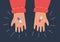 Hands with red and blue pills. Symbol of difficult choice and important decision. Vector illustration