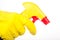 Hands in rubber gloves holding cleaning spray