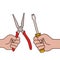 Hands with screwdriver and plier icons