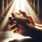 Hands set in praying position, as light beans from church window