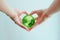 Hands in shape of heart  holding green glass globe of South Pole