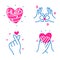 Hands in shape of love, finger Heart gesture, hand on chest and hugging heart doodle hand drawn line art illustration