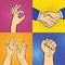 Hands showing deaf-mute different gestures human arm hold communication and direction design fist touch pop art style