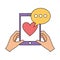 Hands with smartphone love heart speech bubble