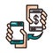 Hands with smartphones devices transfer money shopping or payment mobile banking line and fill icon