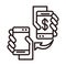 Hands with smartphones devices transfer money shopping or payment mobile banking line style icon