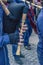 The hands of a street musician playing the bagpipes