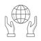 Hands support earth globe vector line icon.