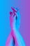 Hands in a surreal style in violet blue neon colors. Modern psychedelic creative element with human palm for posters