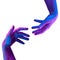 Hands in a surreal style in violet blue neon colors. Modern psychedelic creative element with human palm for posters