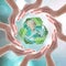 Hands surrounding green planet protected by recycle sign leaf on blurred bokeh .Elements of this image furnished by NASA