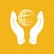 hands take care of globe planet icon on yellow background