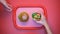 Hands taking hamburger and salad from plastic tray, student lunch in canteen