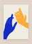 Hands touching each other Ukrainian colors. Modern Matisse inspired art print of blue yellow flat hands. Support Ukraine