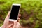 Hands of unknown holding modern device being around nature, black screen, turning off smartphone, no connection in forest, using