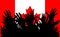 Hands up silhouettes on a Canada flag. Crowd of fans of soccer, games, cheerful people at a party. Vector banner, card, poster