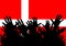 Hands up silhouettes on a Denmark flag. Crowd of fans of soccer, games, cheerful people at a party. Vector banner, card, poster