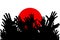 Hands up silhouettes on a Japan flag. Crowd of fans of soccer, games, cheerful people at a party. Vector banner, card, poster